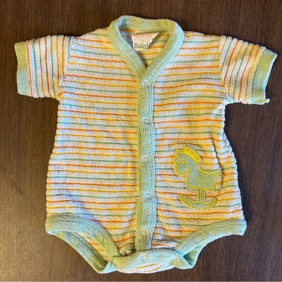 babygro Other - Vintage Babygro Gerber 3M One Piece Terry Cloth Boys 70s Striped Rocking Horse